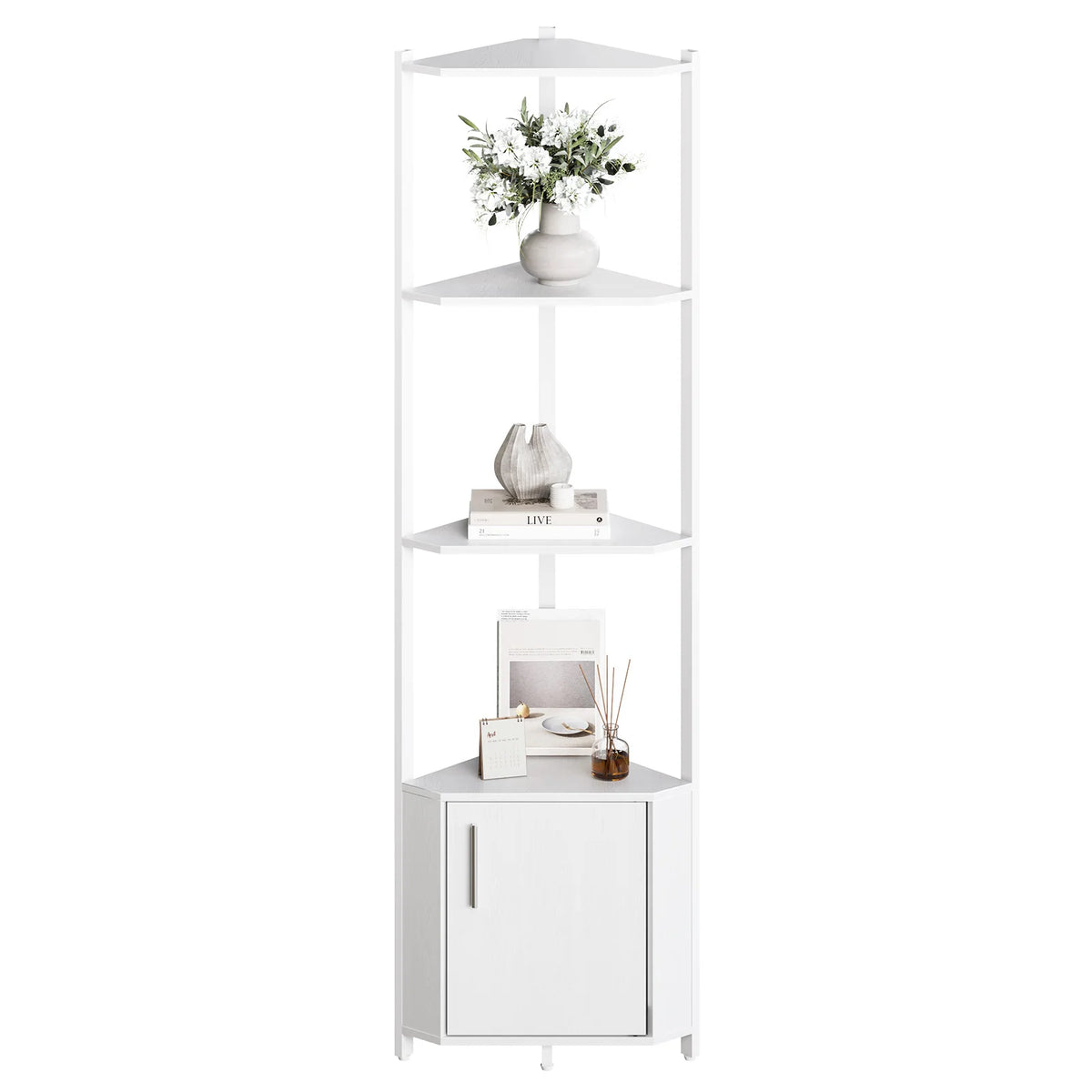 5 Tier Corner Shelf Stand with Metal Frame & Wood Shelves, Rustic Modern Tall Corner Organizer for Kitchen Bedroom, Display Rack