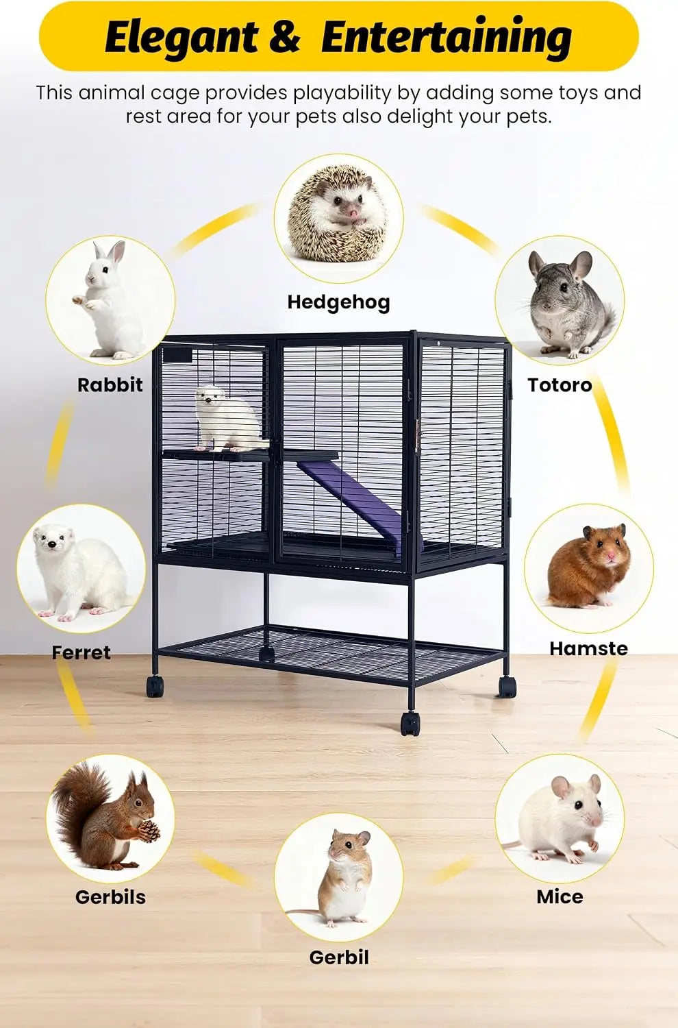 39" Multi-Level Metal Small Animal Cage – Large Ferret & Hamster Enclosure with Ramp, Storage Stand & Removable Tray for Chinchilla, Rabbit