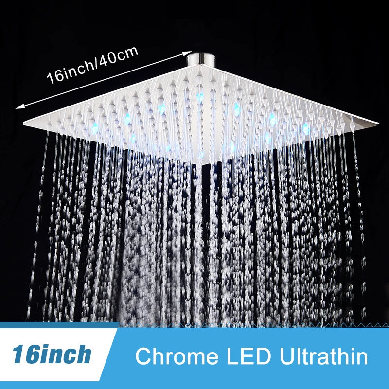 Luxury Brushed Nickel/Chrome/Black LED 16inch Rainfall Shower Head Stainless Steel Square Color Changing Lights Showerhead