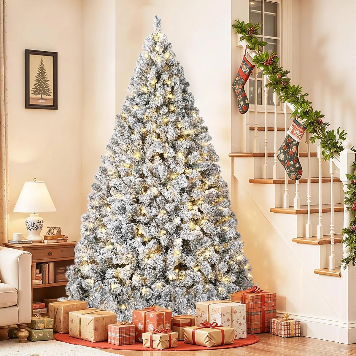 Snow Flocked Pre Lit Artificial Christmas Tree with 400 Built In Lights 6 FT or 7.5 FT PVC Branch Tips Hinged Design Flame Retardant Material Sturdy Base Indoor Xmas Decor