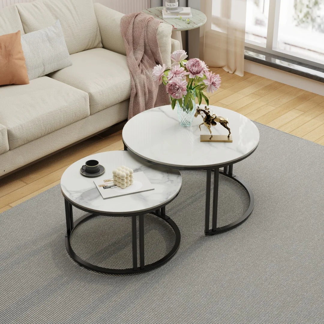 LUVODI Small Living Room Furniture Table 2 Pack Round Marble Nesting Center Coffee Table Sofa Side Tea Desk Space-saving