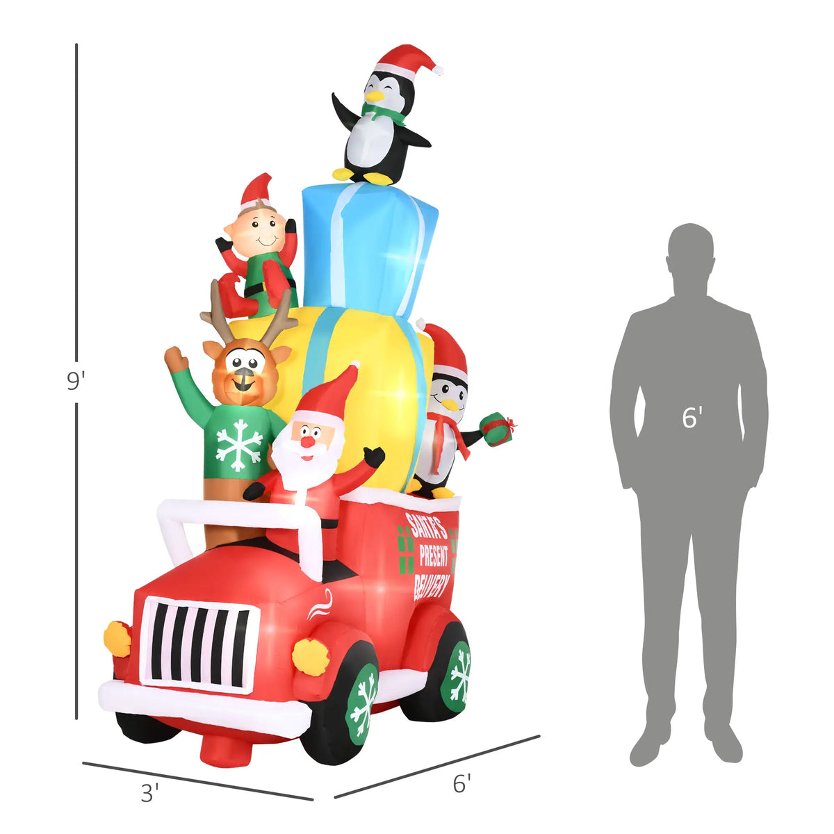 Outsunny 9ft Christmas Inflatables Outdoor Decorations Santa Claus Drives a Gift Car with Elk, Elf and Two Penguins, Blow-Up LED Yard Christmas Decor for Garden, Lawn