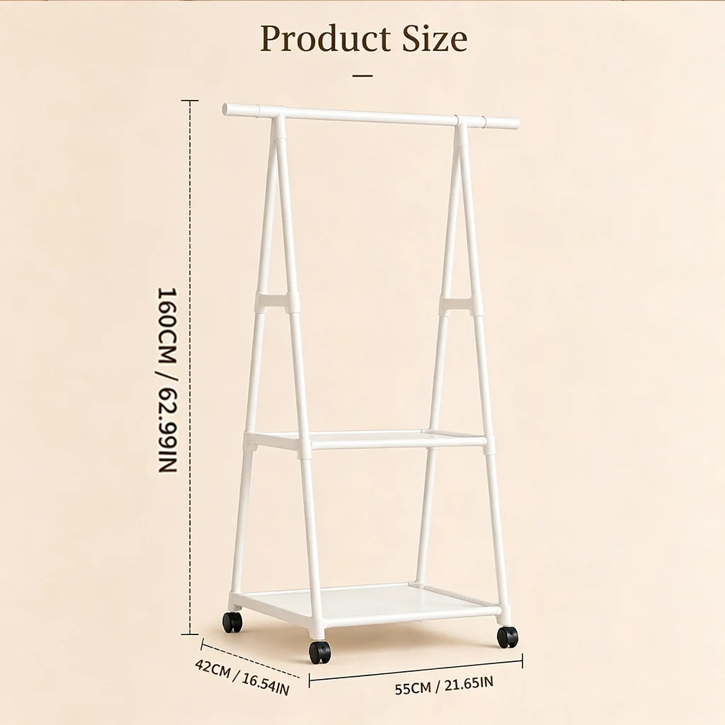 Portable Rolling Clothes Rack with 2 Storage Shelves - Heavy Duty Metal Garment Organizer on Wheels, Freestanding Hanging Stand for Bedroom Closet