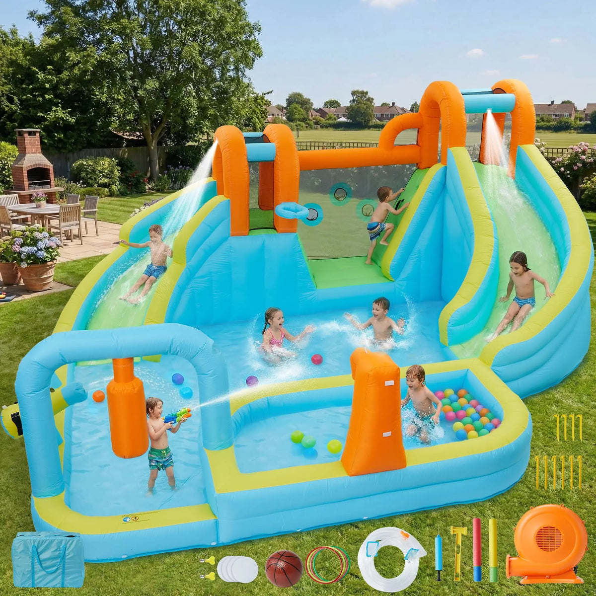 HiMISS 10-in-1 Inflatable Bounce House With Water Slide For Kids
