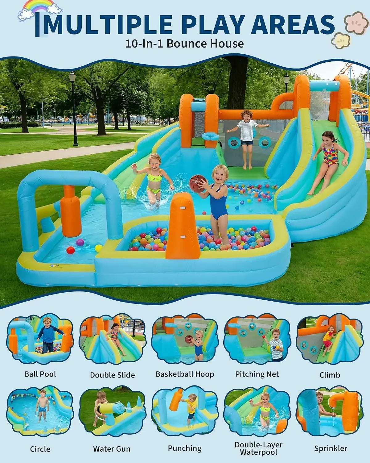 Tacleekii 15.9ft X 14ft Giant Inflatable Bounce House with Slide and 550W Blower 10-in-1 Water Slide Bounce House for Backyard, Huge Indoor Outdoor Bouncy Castle for Children, Jump House Water Park