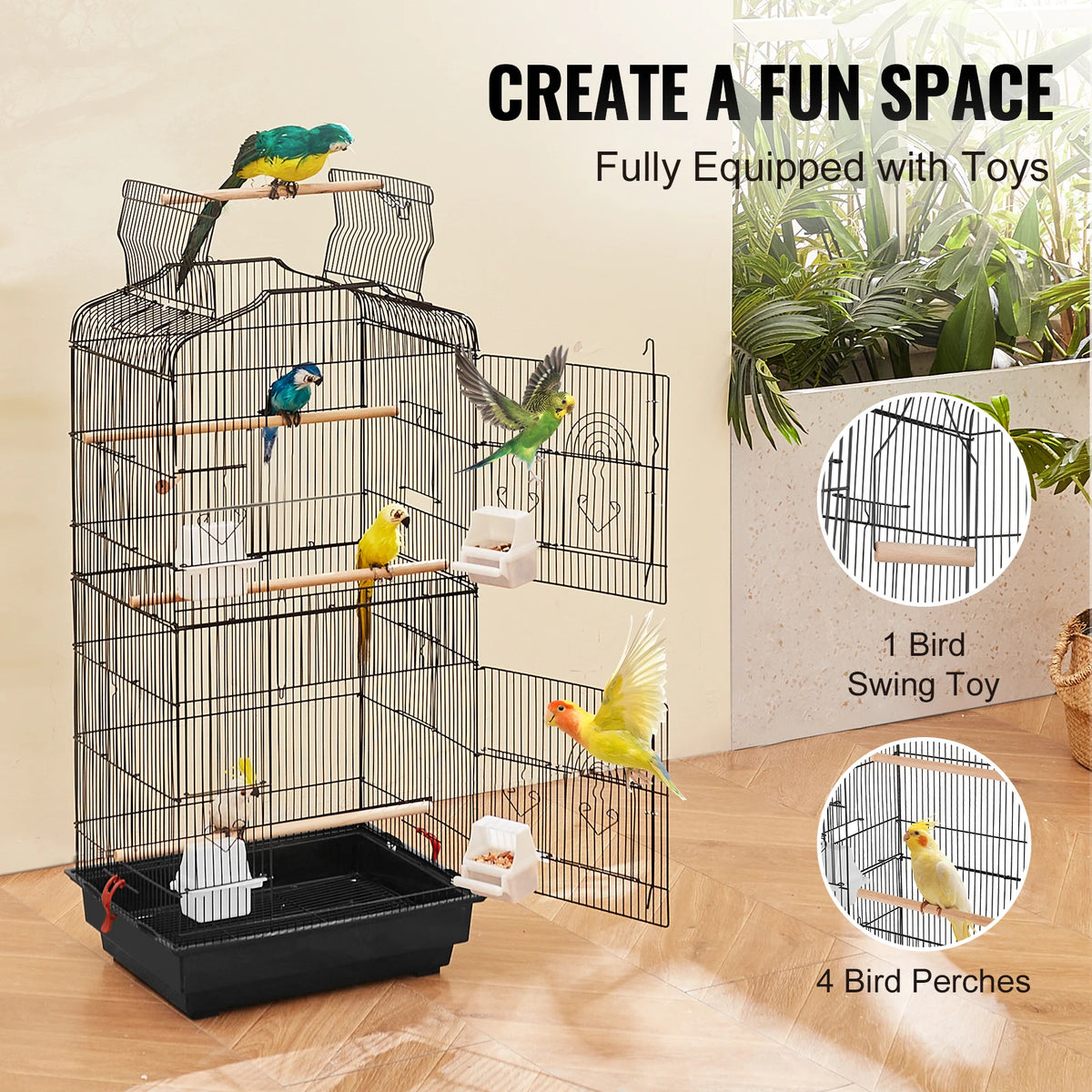 SucceBuy Open Top Large Parrot Bird Cage Hanging Bird Cage for Kinds of Birds Travel Pet Flight Birdcage with Swing and Perch