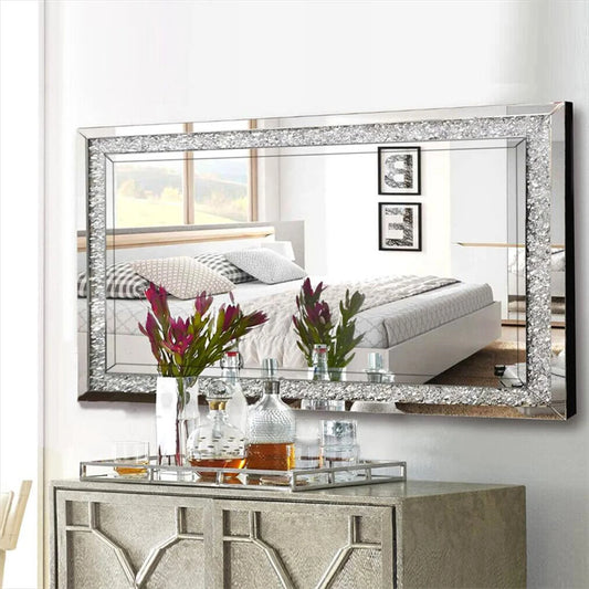 120x60CM Crystal Crush Diamond Wall Mirror Gorgeous RectangleSilver Mirrors for Bathroom, Bedroom, Dining Room and Living Room