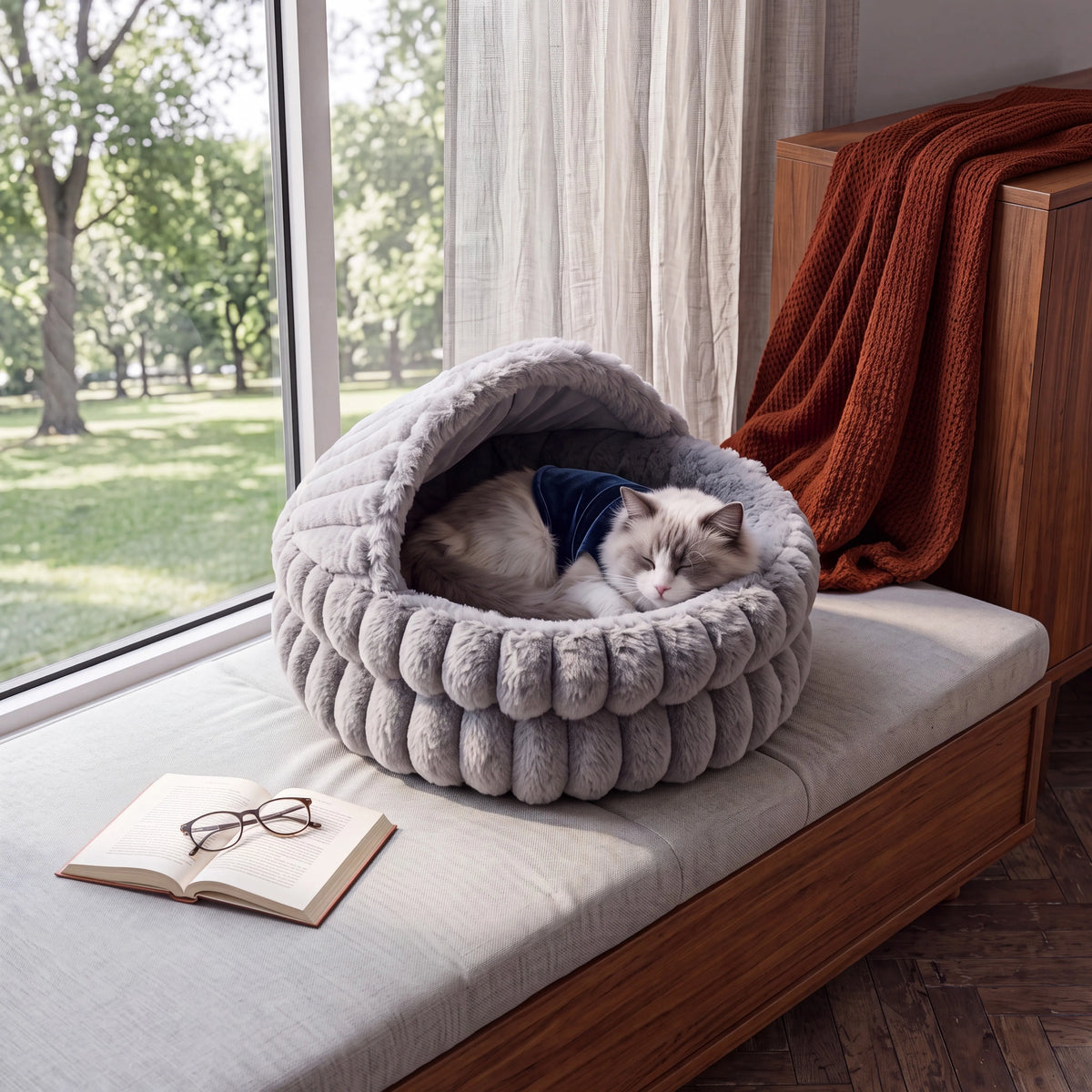 Soft Hooded Cat Cave Bed – Round Enclosed Self-Warming Hideaway for Indoor Cats & Small Dogs, Machine Washable with Non-Slip Bottom