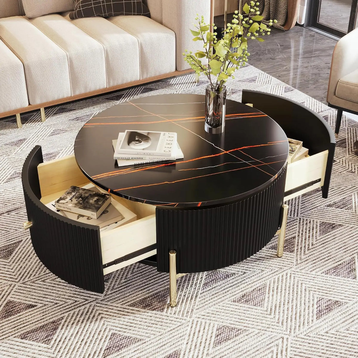 Modern Round Nesting Coffee Table with Marble Top, White & Gold Nesting Coffee Table Set of 2 Center Table with, Customized