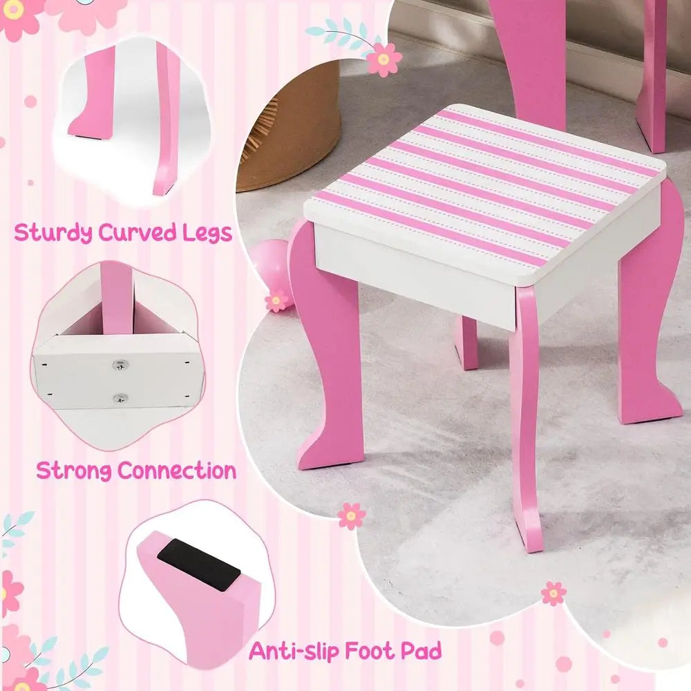Kids Vanity, Girls Vanity Set with Mirror and Stool, Storage Der, Wooden PrincMakeup Dring Table, Kids Vanity Table and Chair Se