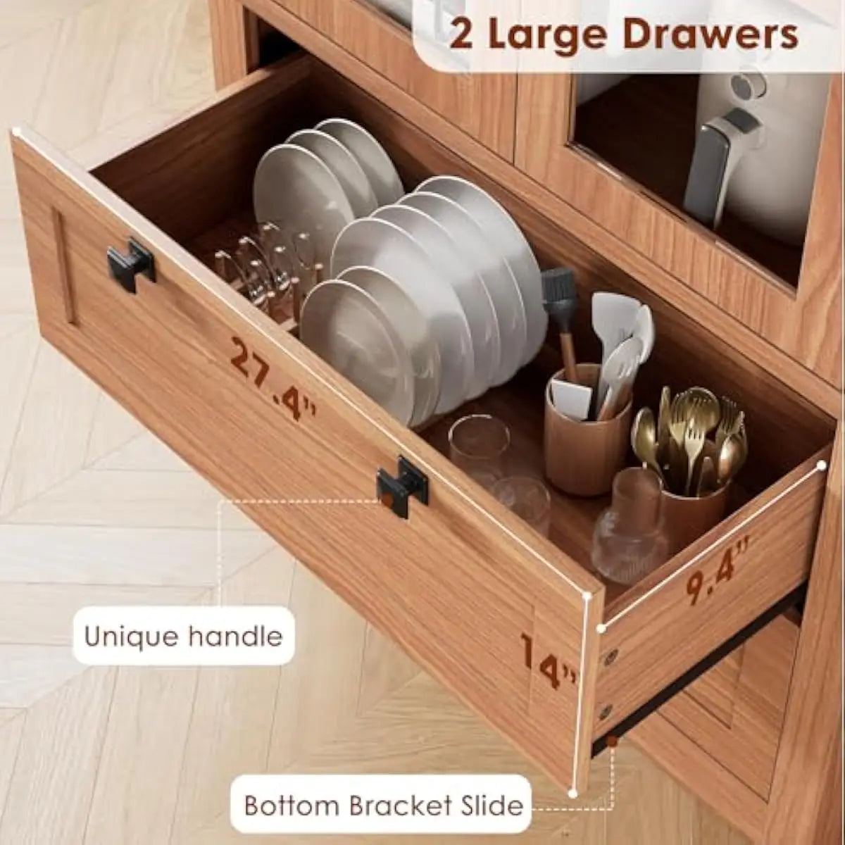 Freestanding Storage Cabinet With Glass Doors Drawers And Adjustable Shelves