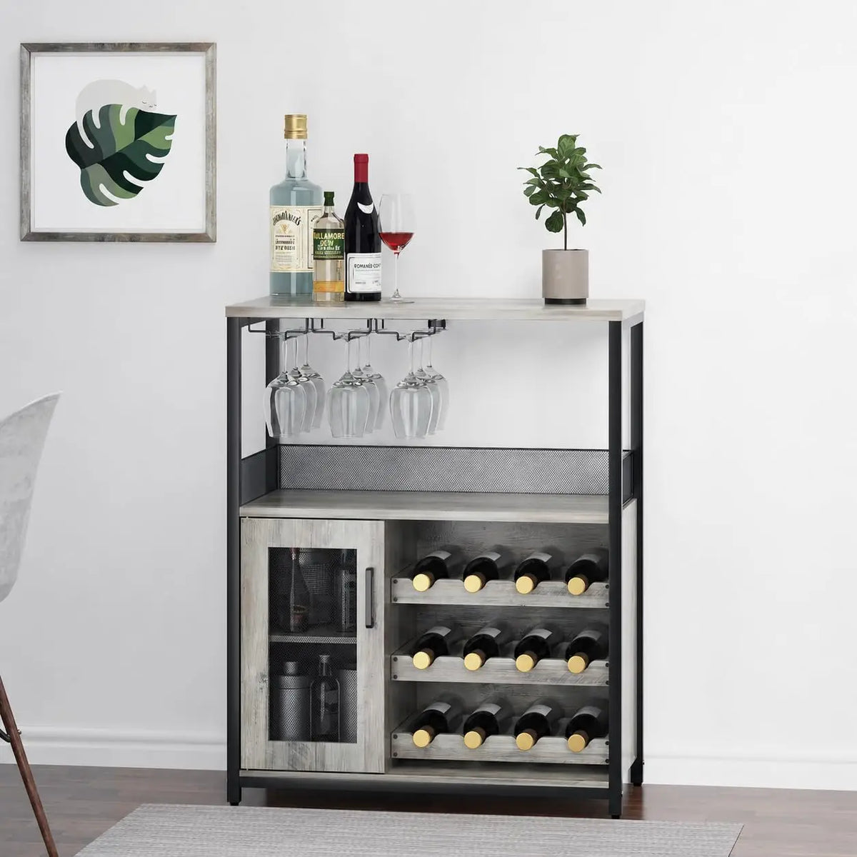 Wine Bar Cabinet With LED Lights And Adjustable Shelves