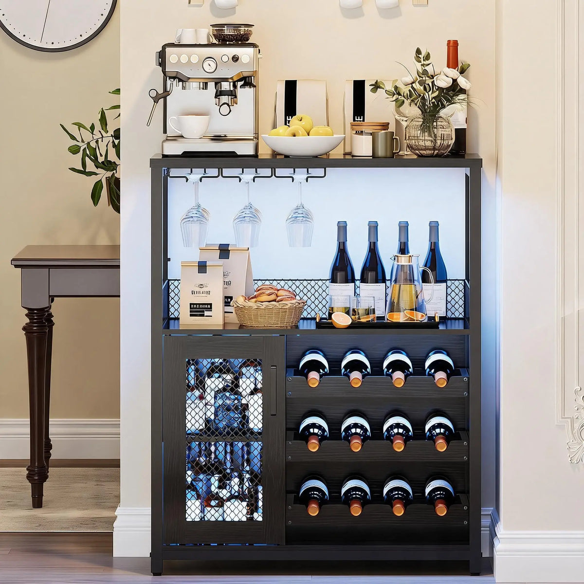 Wine Bar Cabinet With LED Lights And Adjustable Shelves