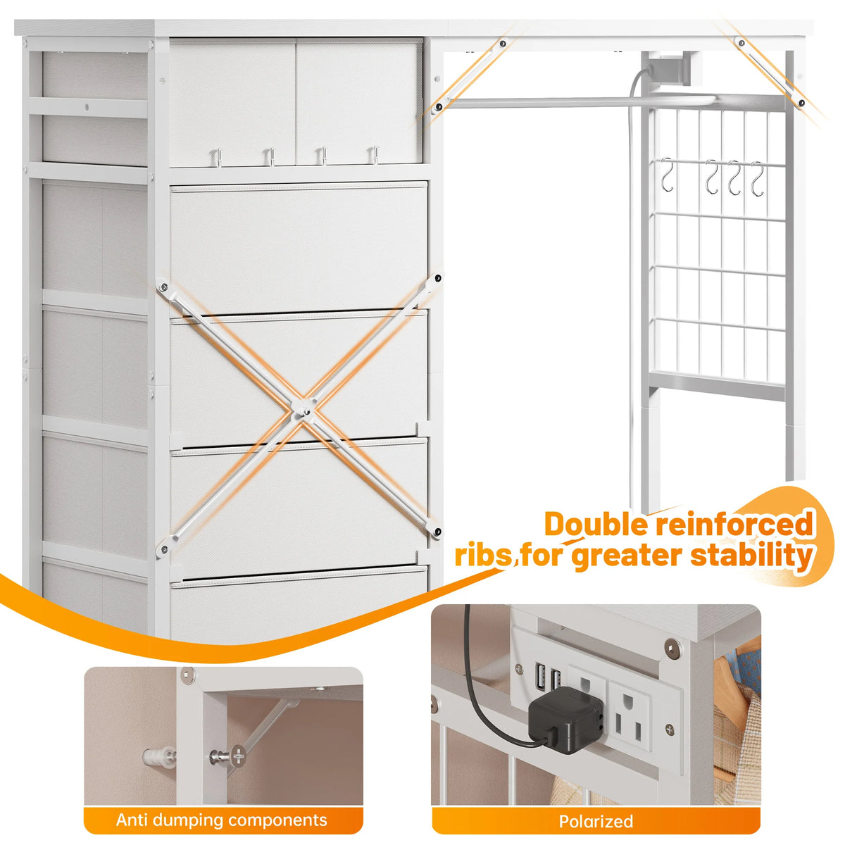 EnHomee 6-Drawer Fabric Dresser with Hanging Rack – 49.2"W, LED Lighting & Charging Station, Grid Panel plus 4 Hooks – For Bedroom or Entryway
