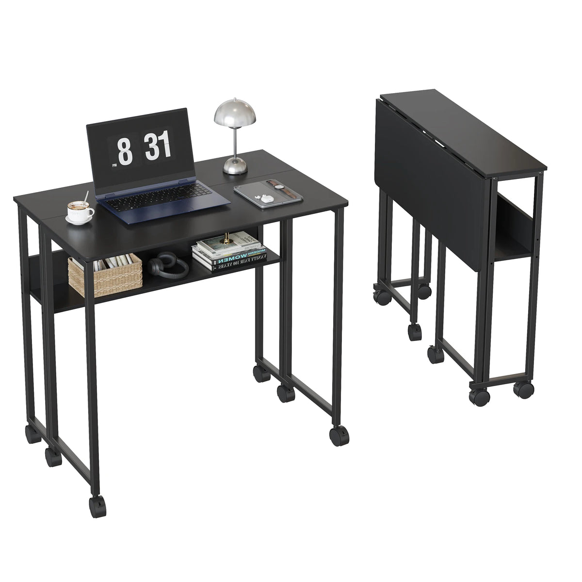 Compact 25" Folding Desk with Wheels Storage Shelf Foldable Computer Table for Small Spaces Home Office Dorm Sturdy Iron Frame Easy Assembly Natural Oak/White/Black