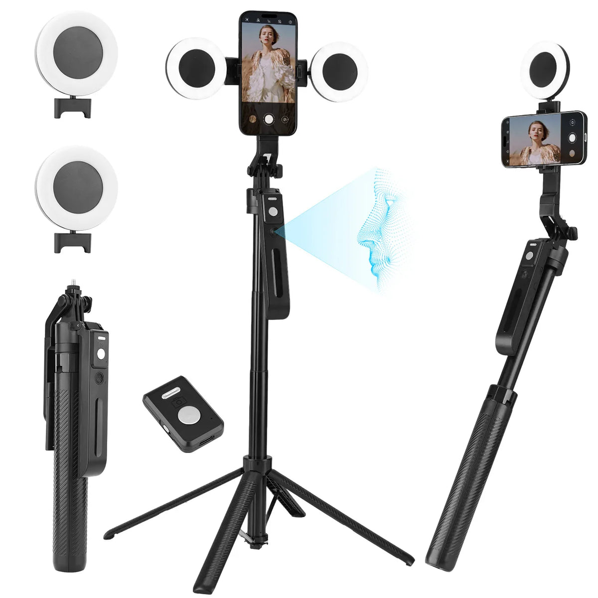 2025 New AI Selfie Stick Tripod, 360° Face Tracking. Multi-func Phone Mount W/ Remote & Fill Light, Adjustable Height, Sturdy Base. Compatible W/ IPhone & Android, For YouTube Recording & Travel Photography. Sleek Metal Fini