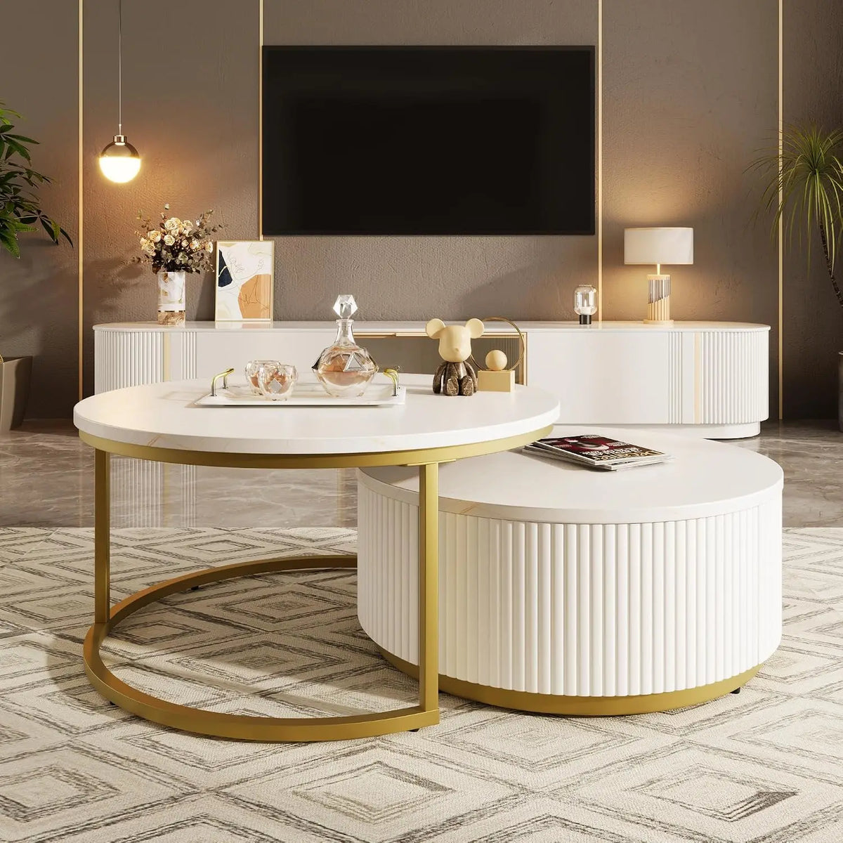 Modern Round Nesting Coffee Table with Marble Top, White & Gold Nesting Coffee Table Set of 2 Center Table with, Customized