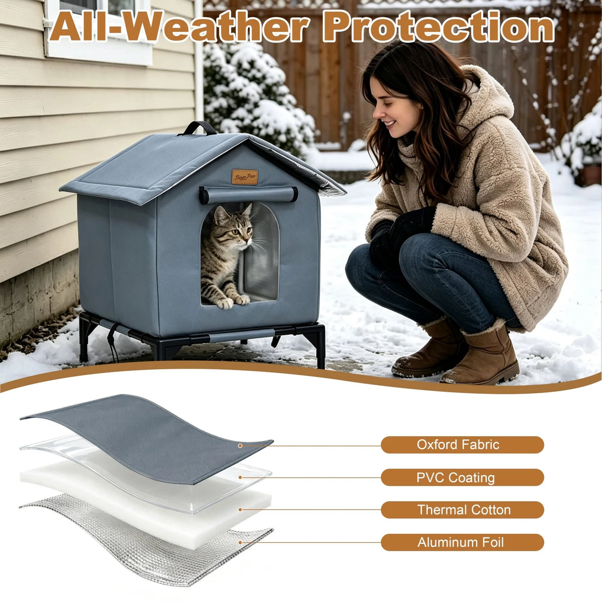 Outdoor Cat Shelter Elevated Insulated Feral Cat House Waterproof Cat Tent Pet House Oxford Fabric Aluminum Foil Coating for All Season