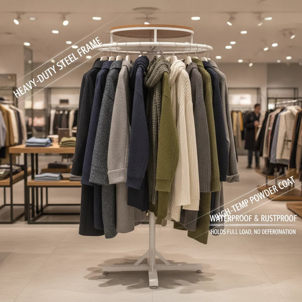 Round Clothing Display Rack 70cm Diameter, Floor-Standing Rotating Garment Rack with Solid Wood Top Shelf, 360° Swivel Heavy Duty Display Stand for Boutique Retail Store, White