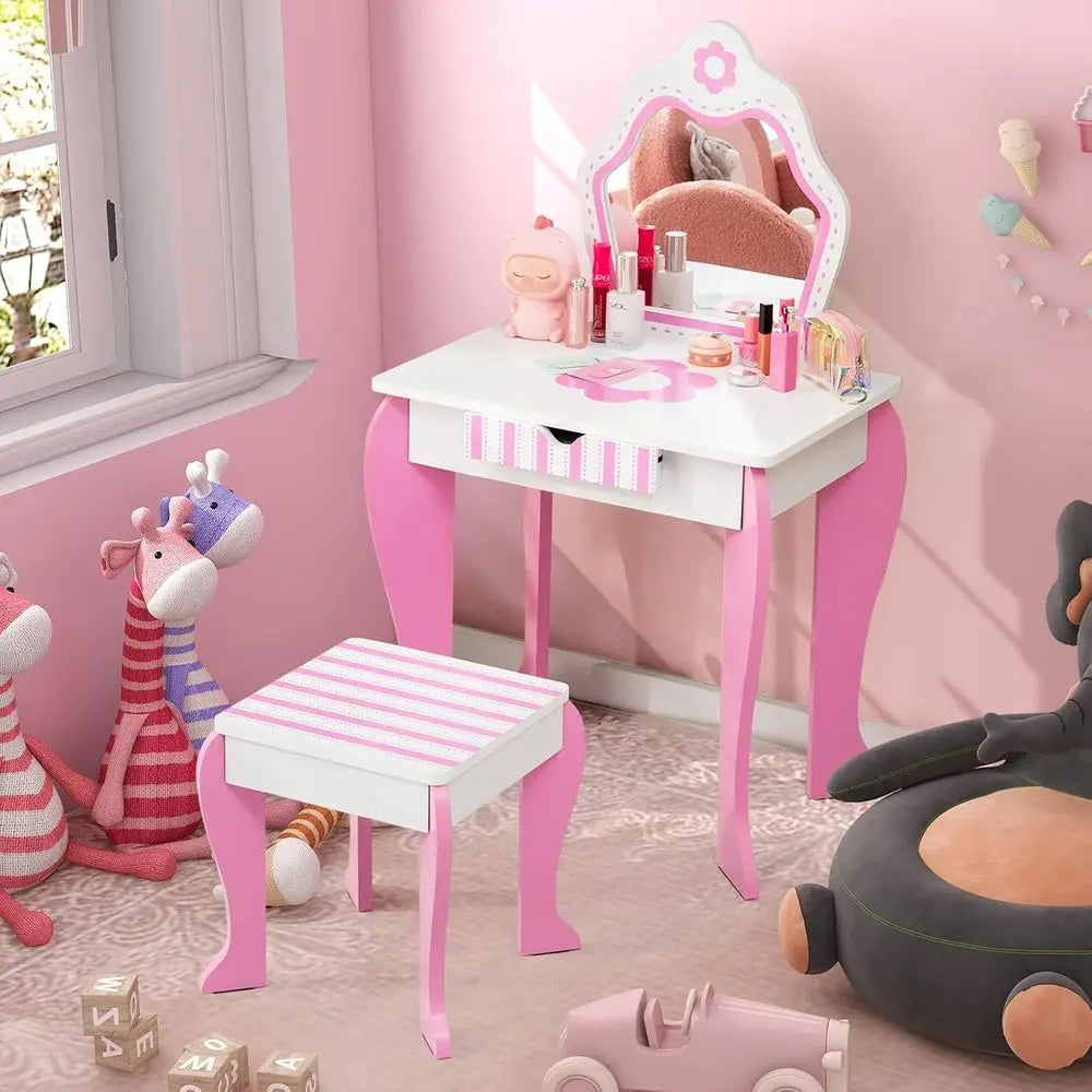 Kids Vanity, Girls Vanity Set with Mirror and Stool, Storage Der, Wooden PrincMakeup Dring Table, Kids Vanity Table and Chair Se