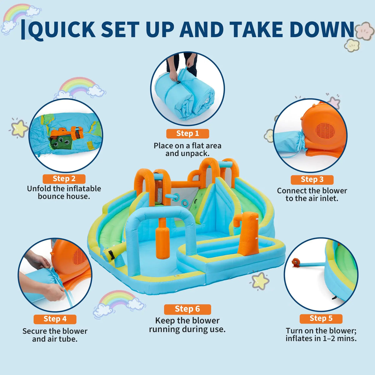 HiMISS 10-in-1 Inflatable Bounce House With Water Slide For Kids