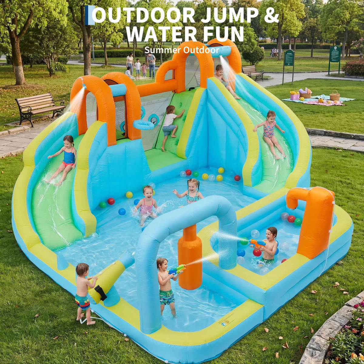 HiMISS 10-in-1 Inflatable Bounce House With Water Slide For Kids