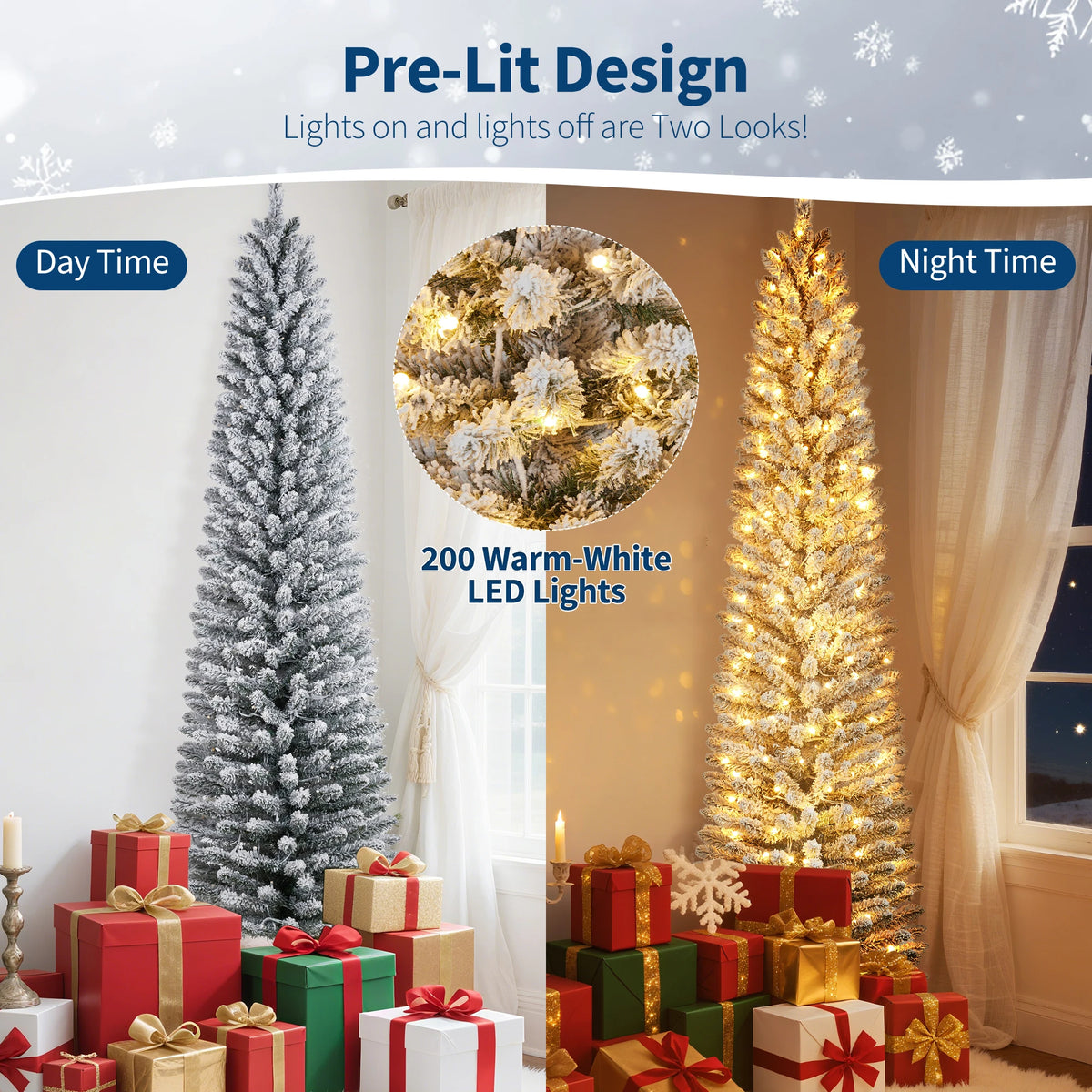 6-9FT Pencil Christmas Tree Pre-Lit Frosted Artificial Tree Skinny Xmas Trees Holiday Decoration, with LED Light and Metal Base 2026 Saving Holiday Decor for Home, Office, Indoor/Outdoor Use 6FT Artificial Christmas Tree
