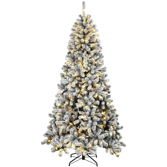 HOMCOM 6ft Flocked Prelit Christmas Tree, Northern Pine, Artificial Xmas Tree with 706 Curved Tips, 250 LEDs, Foldable Steel Base, Green White