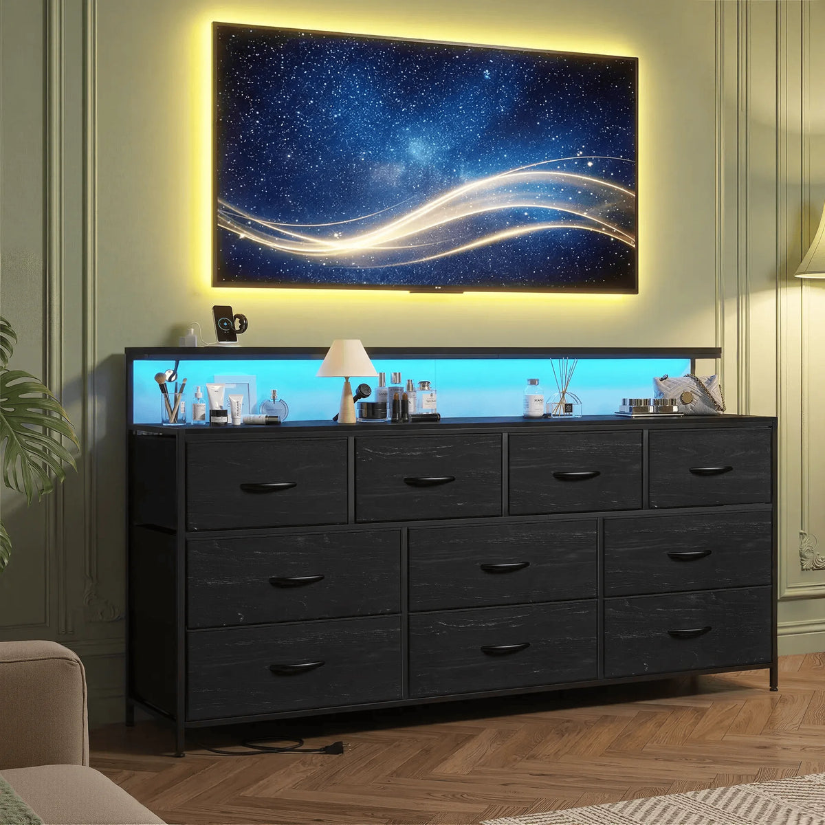 EnHomee 55" Multi-Function Dresser – 10 Spacious Fabric Drawers (Long Drawers), LED Lighting & AC Outlets, Metal Frame – For Bedroom or Hallway