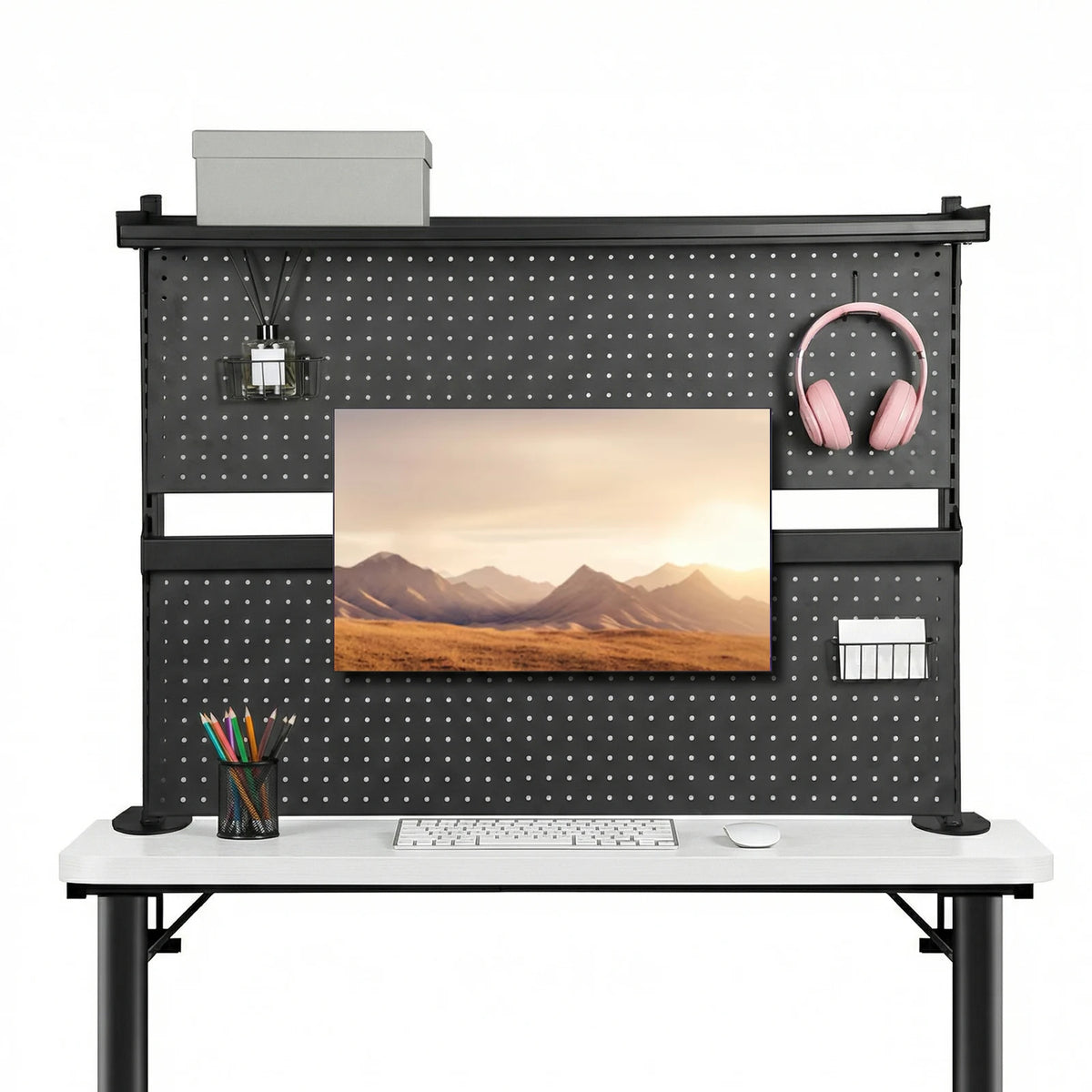 Metal Desktop Organizer with Monitor Stands Computer Accessories Metal Pegboard 51 X 34 Inch for Office Supplies Dorm Home Decor
