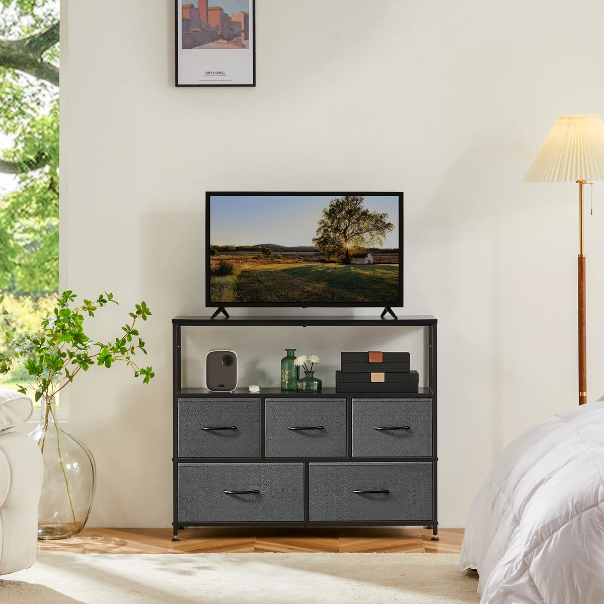 MCQ Modern TV Stand Media Console With Fabric Storage Drawers