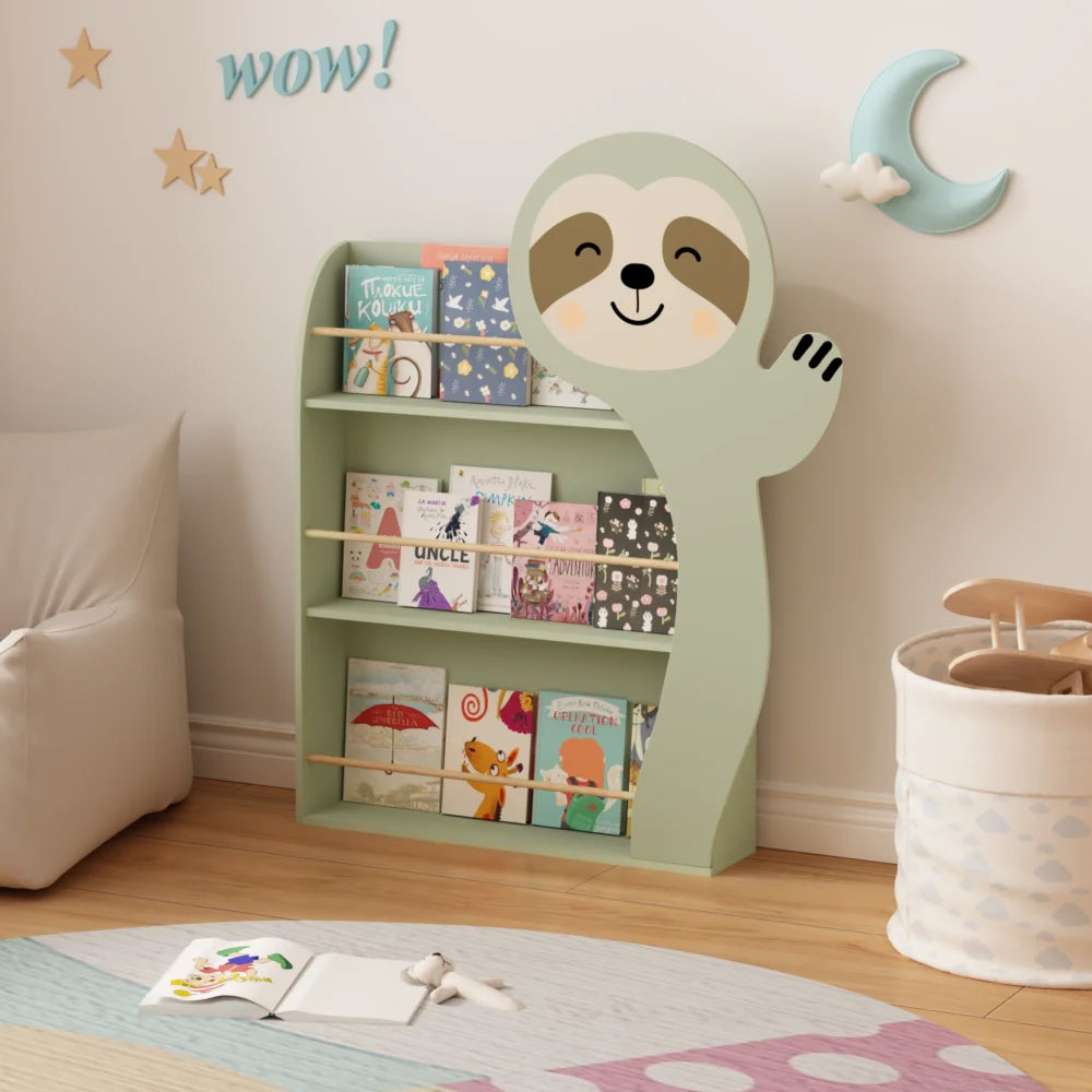 Orraves Sloth Kids Bookshelf, Front-Facing Toddler Book Display Rack with 3 Tiers, Cute Animal Design, Wooden Nursery Bookshelf for Playroom, Bedroom & Reading Corner, Safe & Sturdy Storage Organizer