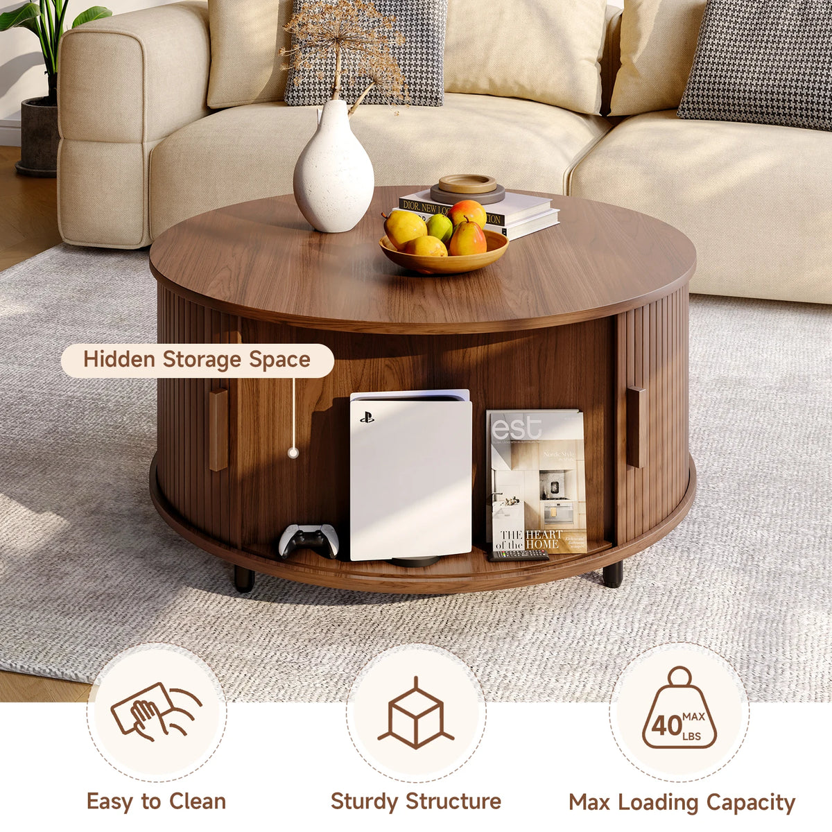 ONBRILL Modern Coffee Table With Storage And Curved Sliding Door