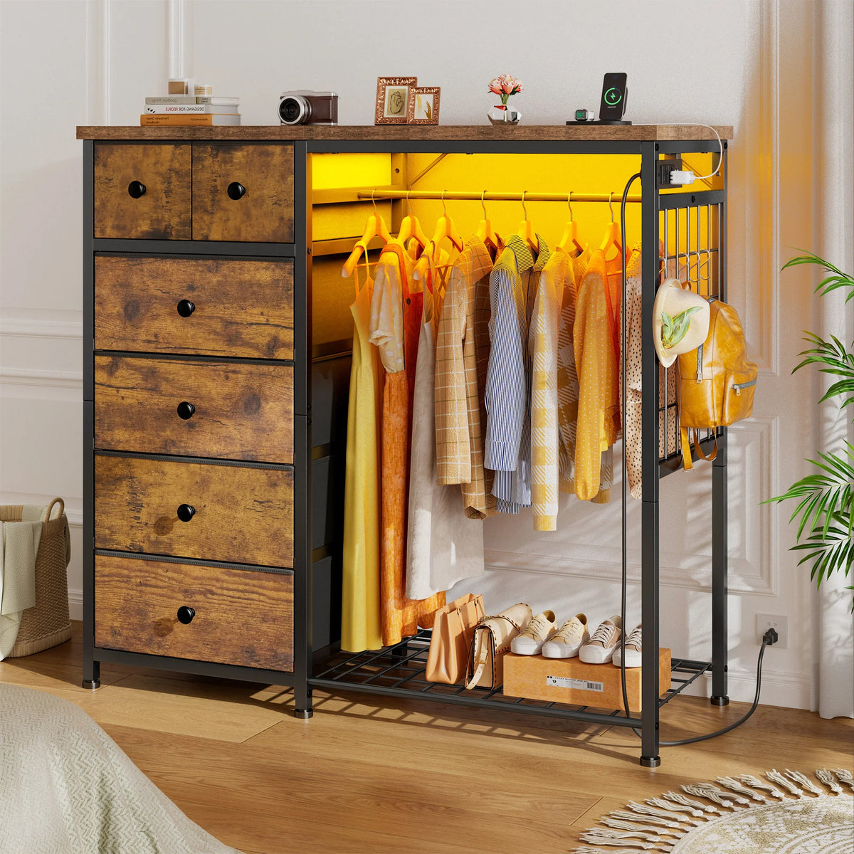 EnHomee 6-Drawer Fabric Dresser with Hanging Rack – 49.2"W, LED Lighting & Charging Station, Grid Panel plus 4 Hooks – For Bedroom or Entryway