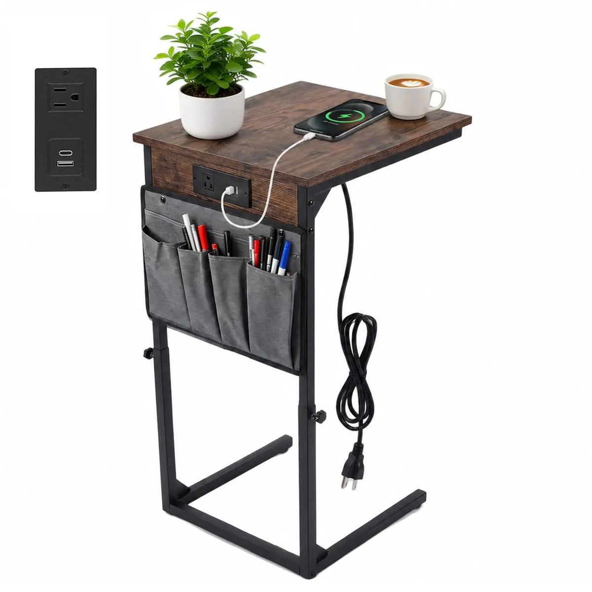 C-Shaped End Table with Charging Station and Power Outlet, Adjustable Height 18-32 Inch Couch Side Table with Hanging Organizer, Multi-Functional Bedside Table for Living Room, Bedroom, Office