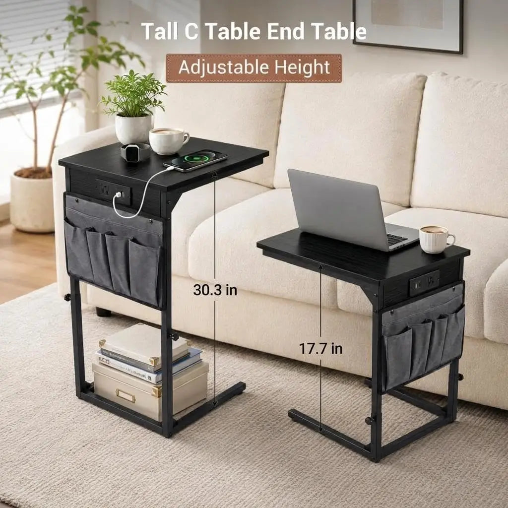 C-Shaped End Table with Charging Station and Power Outlet, Adjustable Height 18-32 Inch Couch Side Table with Hanging Organizer, Multi-Functional Bedside Table for Living Room, Bedroom, Office