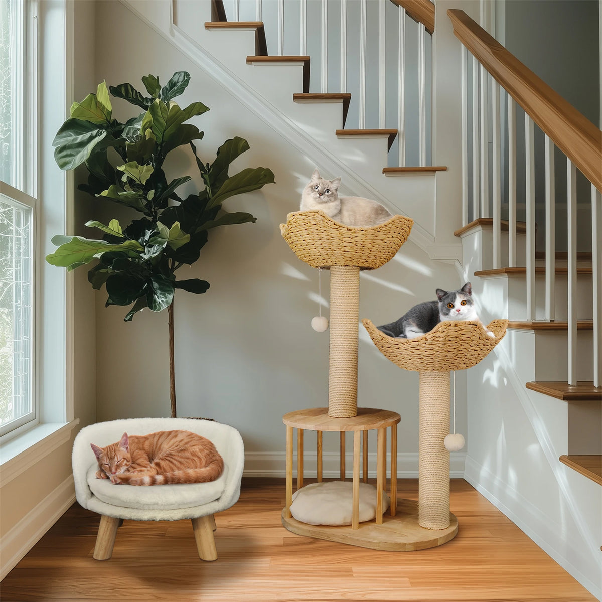 99CM Tall Multilevel Cat Tree Activity Tower Center with Plush Cushion Dangling Ball Baskets Condo Scratching Post for Indoor