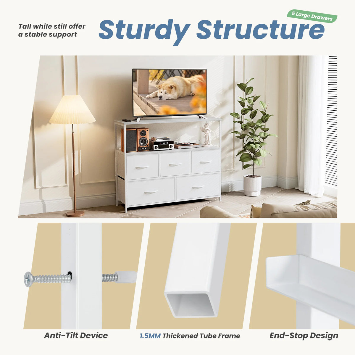 MCQ Modern TV Stand Media Console With Fabric Storage Drawers
