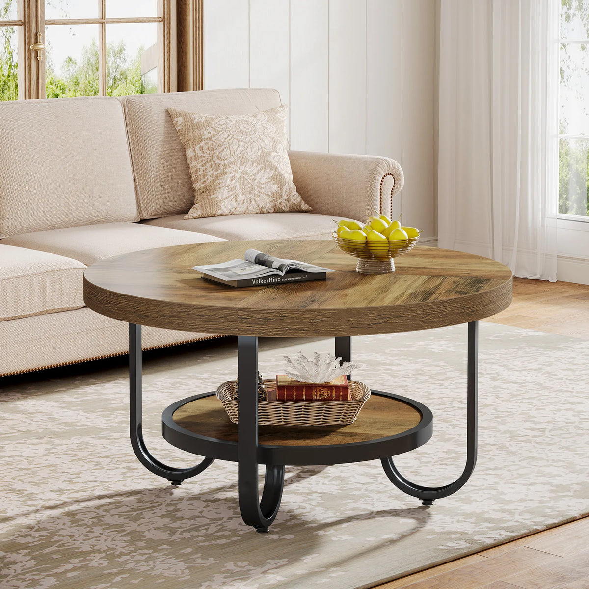 Tribesigns Round Coffee Table With Two Tier Storage Shelf