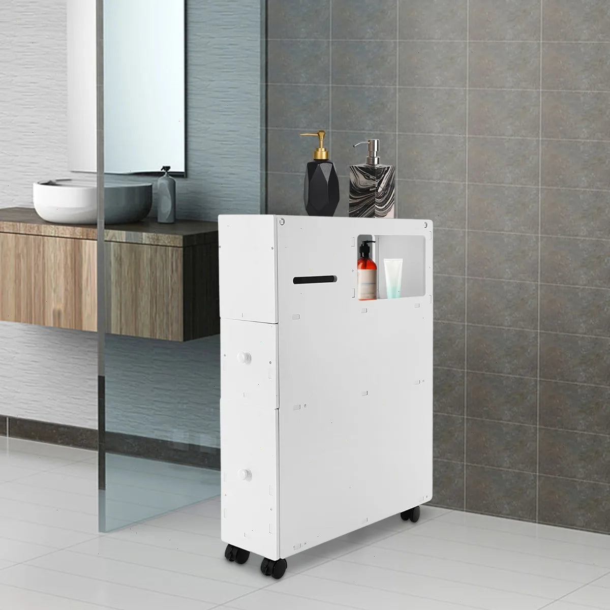 Narrow Bathroom Storage Cabinet, PVC, 4 Wheels with Brakes, Multi-Layer, Slim, for Toilet, Bathroom, Living Room, Organizer, Trolley, Floor Storage, Space Saving
