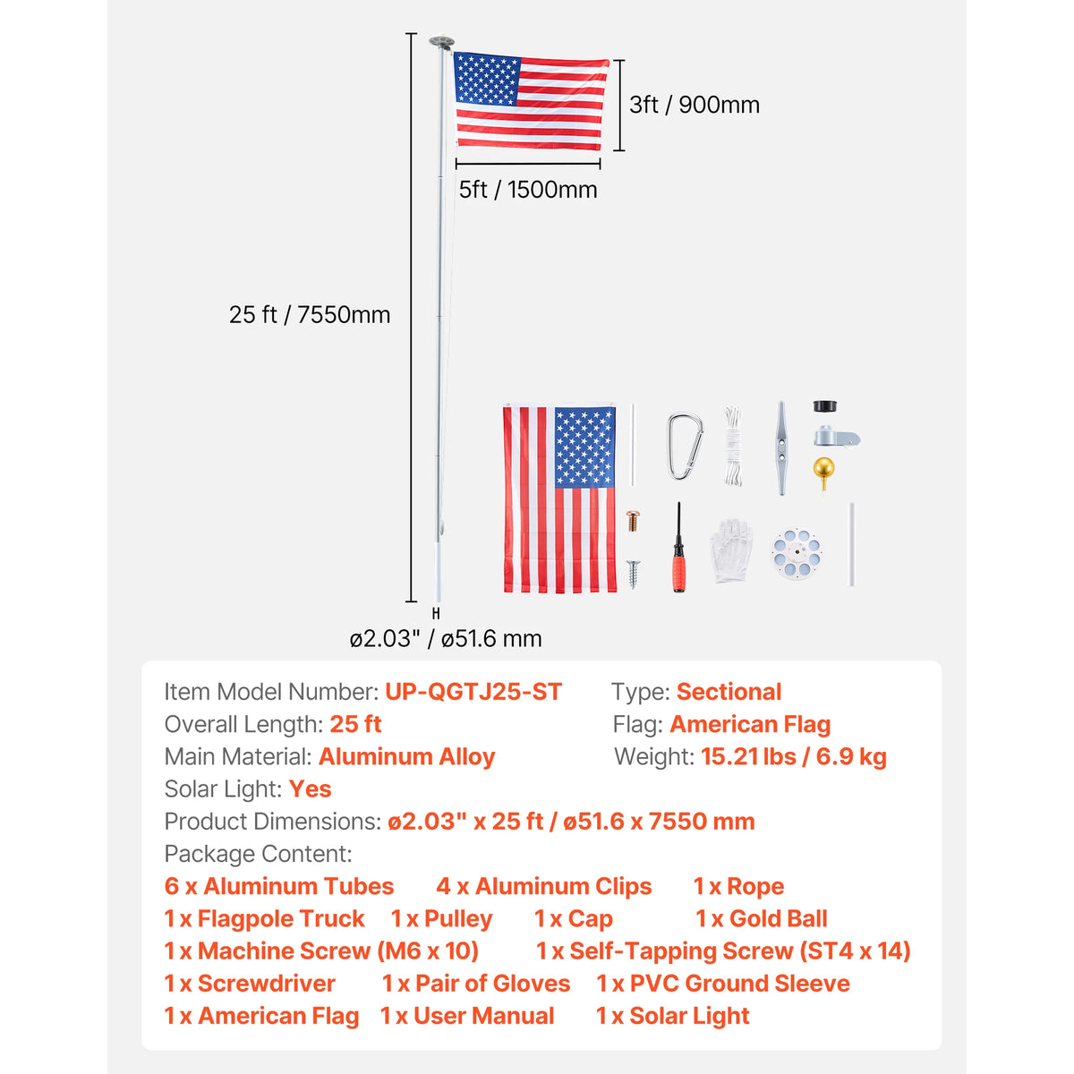 VEVOR Aluminum Flagpole Kit With American Flag For Yard