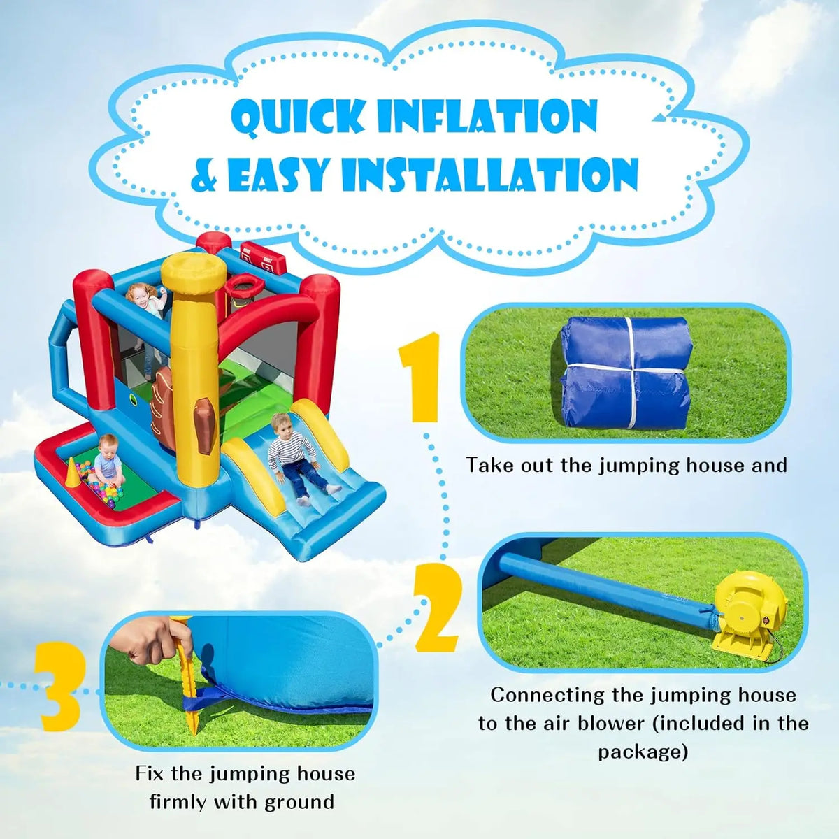 Inflatable Bounce House With Slide And Blower For Kids