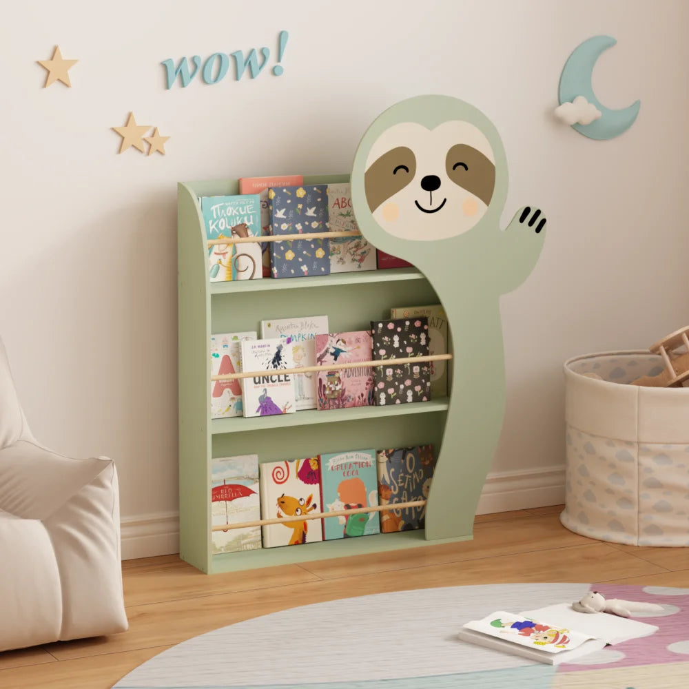 Orraves Sloth Kids Bookshelf, Front-Facing Toddler Book Display Rack with 3 Tiers, Cute Animal Design, Wooden Nursery Bookshelf for Playroom, Bedroom & Reading Corner, Safe & Sturdy Storage Organizer