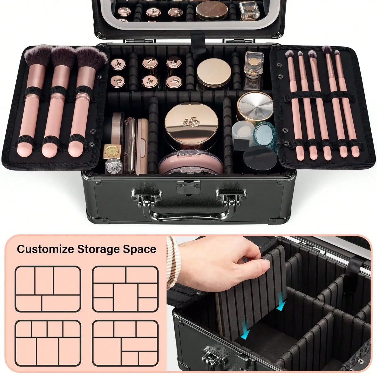 Professional Makeup Train Case with Rechargeable LED Mirror, Large Capacity Cosmetic Organizer with Adjustable Dividers, Travel Makeup Storage Box for Artist Salon Vanity