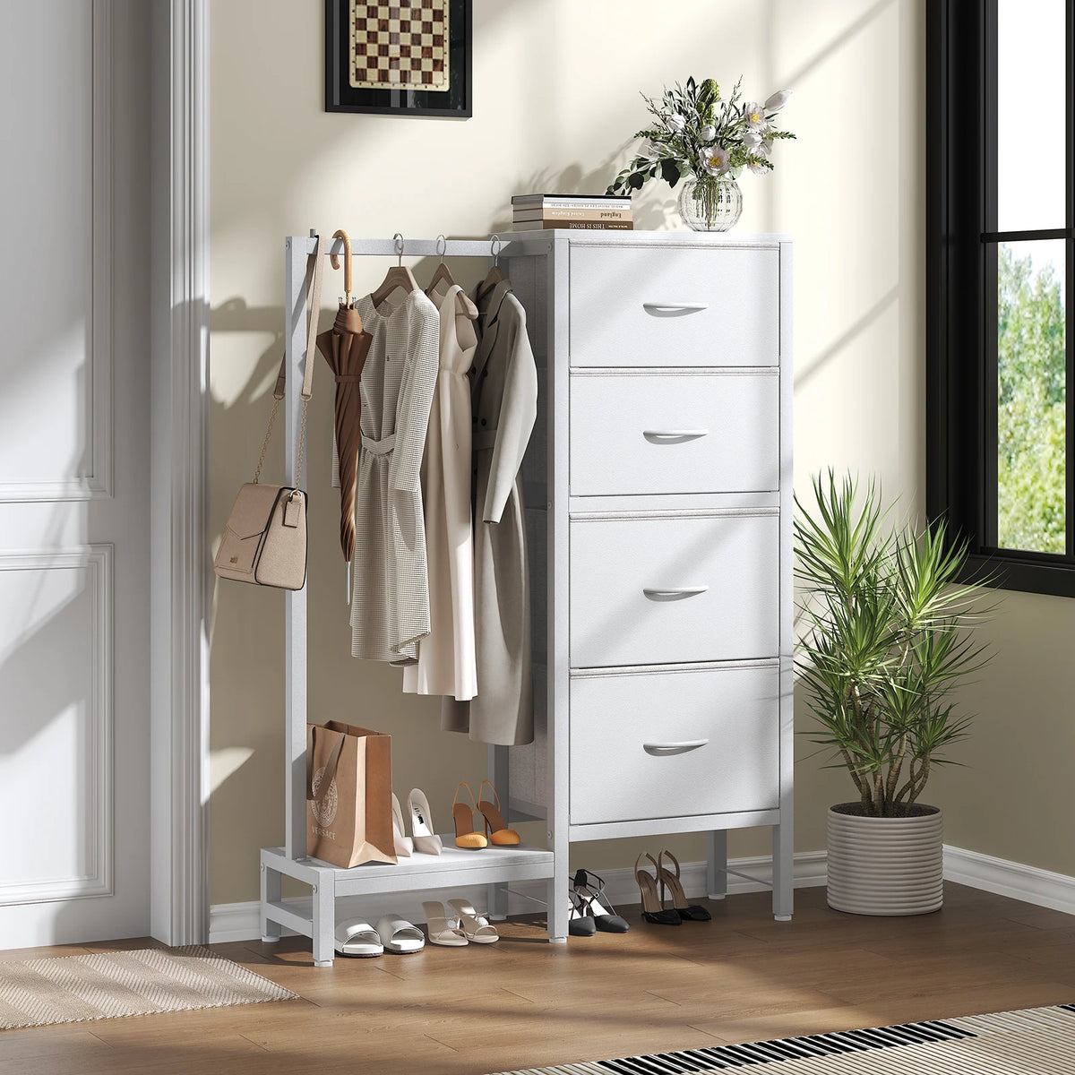 MCQ 4 Drawers Fabric Cabinet with Hanging Rack Living Room Beside Nightstand Dresser Tables with Clothes Rack Storage Closet Chest Clothes Display Of Furniture