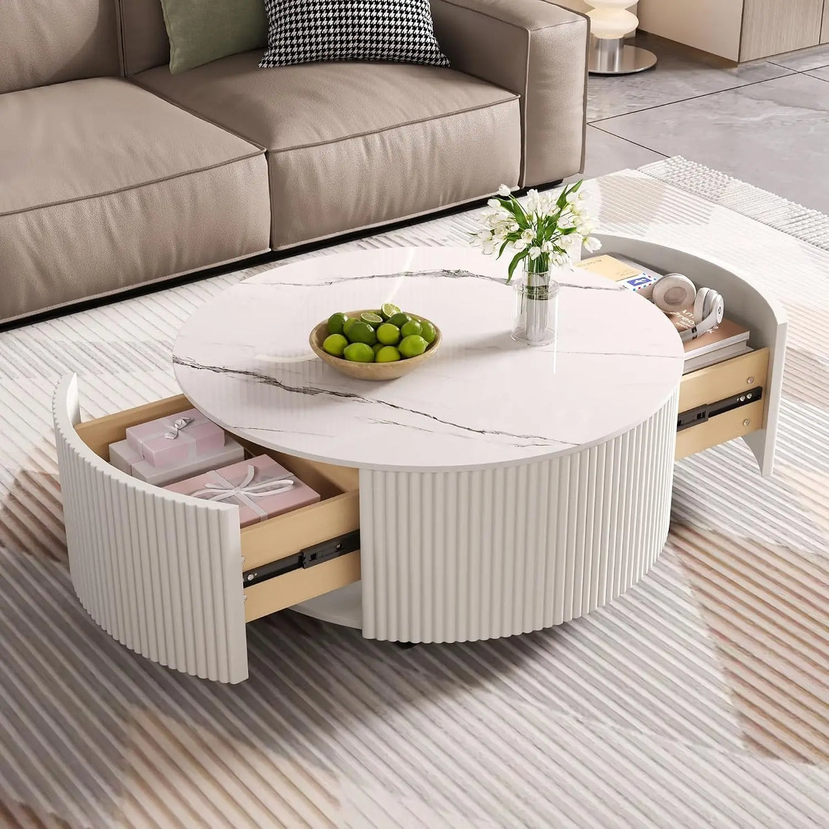 Modern Round Nesting Coffee Table with Marble Top, White & Gold Nesting Coffee Table Set of 2 Center Table with, Customized