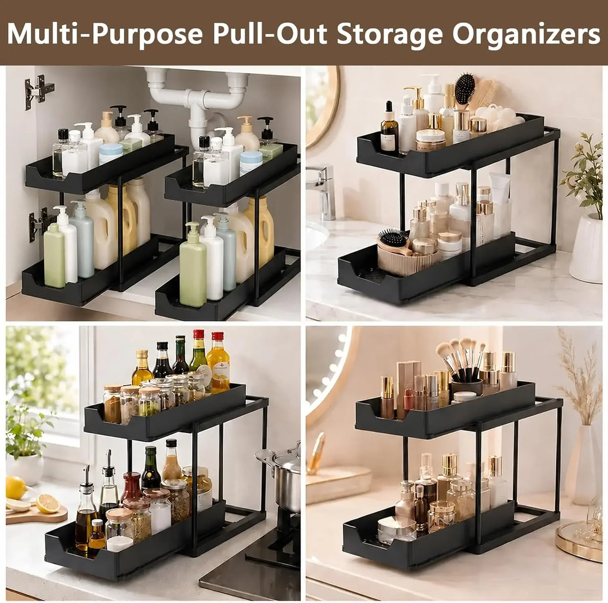 Under Sink Organizer 2 Pack/1 Pack, H-Shaped Pull Out Cabinet Storage, 2-Tier Slide Out Drawer Fits Around Pipes, Metal Rack for Kitchen Bathroom