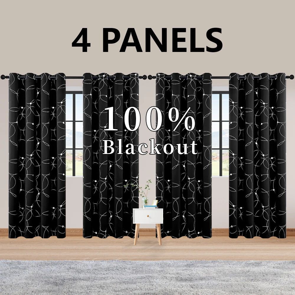 4PCSBlackout Curtains Grommet Thermal Insulated Room Darkening  With Circle And Dots Foil Printed For Bedroom