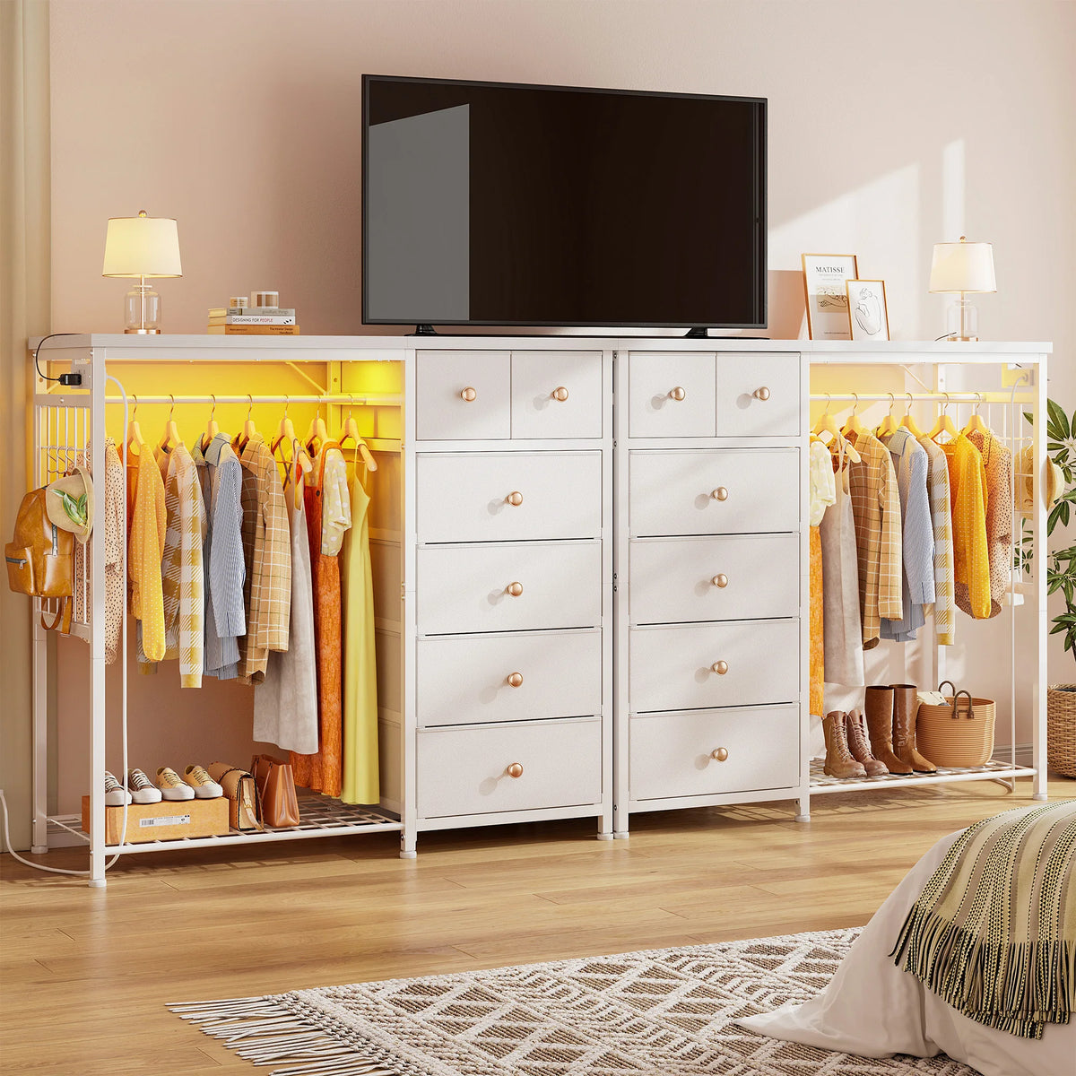 EnHomee 6-Drawer Fabric Dresser with Hanging Rack – 49.2"W, LED Lighting & Charging Station, Grid Panel plus 4 Hooks – For Bedroom or Entryway