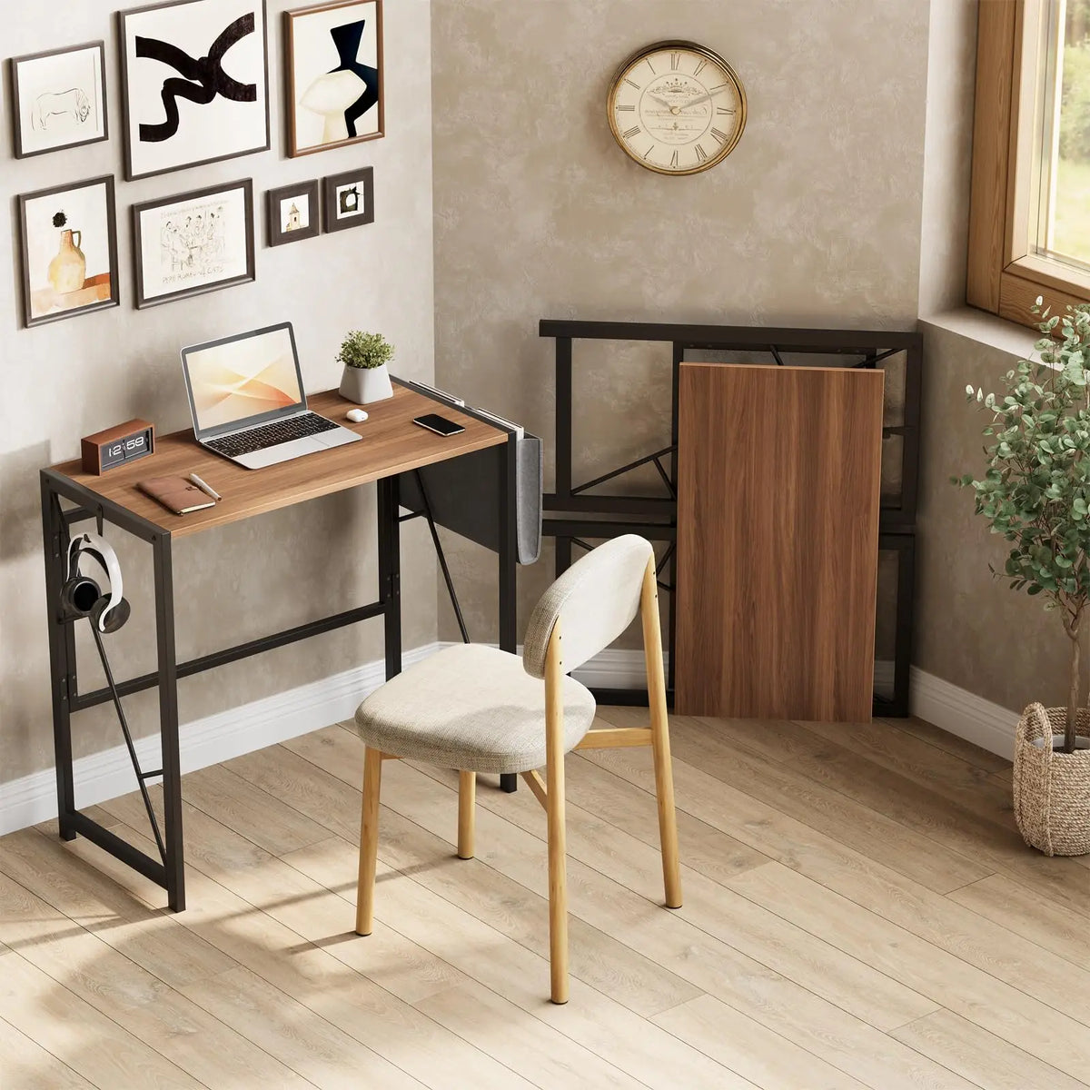 31.5" Folding Computer Desk Space-Saving Compact Home Office Writing Desk Side Storage Pocket & 2 Headphone Hooks Collapsible Computer Writing Table for Home Office, Bedroom, Balcony
